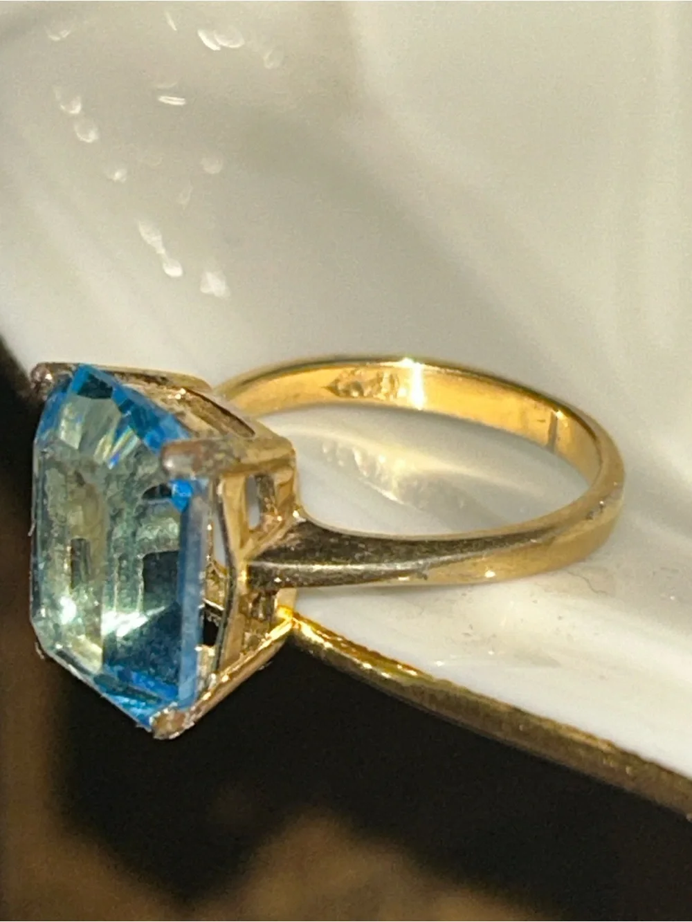 Blue Topaz Ring Emerald Cushion Cut Cocktail Ring - Gold Tone Square Size 6